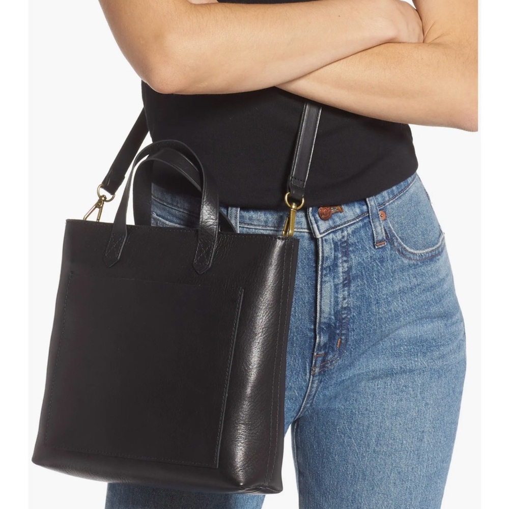 Madewell Small Transport Zipper Top Leather Crossbody Tote Bag w/ strap Black